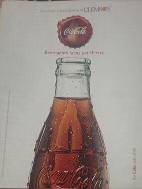 Coca Cola Red & Brown and Clemson University Classic Bottle Print Ad 8"×10"